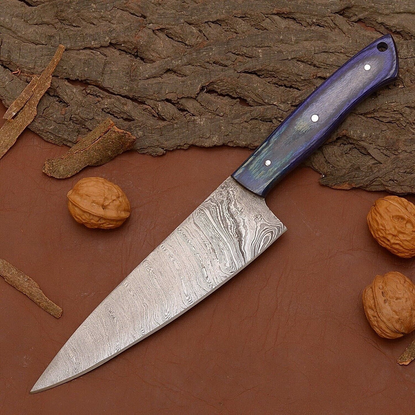 Custom Handmade Damascus Steel Chef Fillet Knife with Wooden Handle & Leather Sheath – 12" Full Tang Kitchen