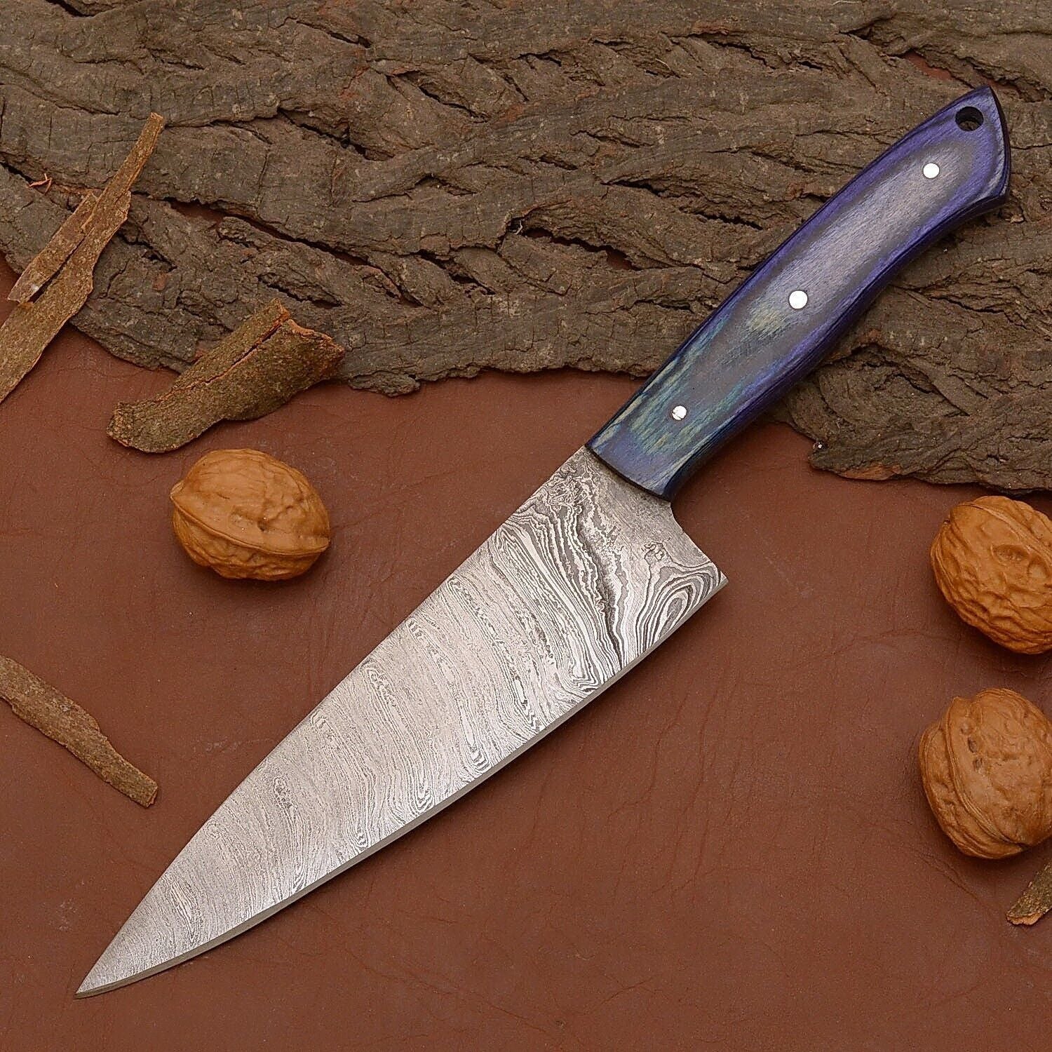 Custom Handmade Damascus Steel Chef Fillet Knife with Wooden Handle & Leather Sheath – 12" Full Tang Kitchen