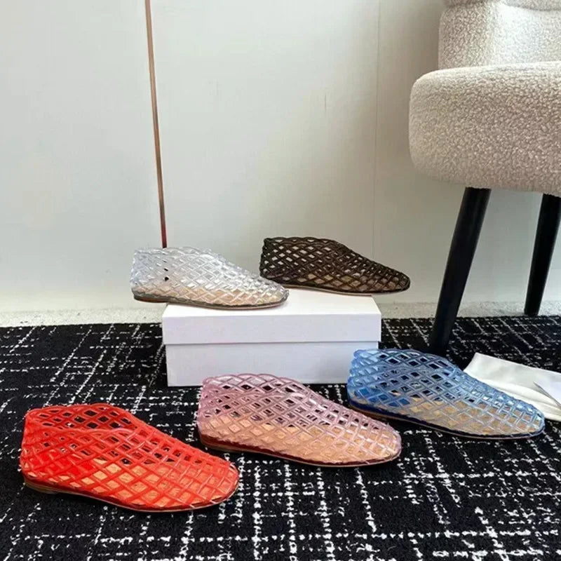 Womens Luxury Designer Jelly Flat Sandals, Breathable Hollow Mules & Comfortable Summer Beach Flats