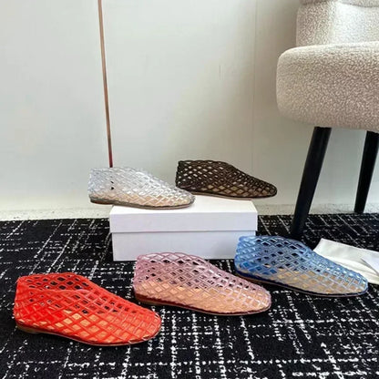 Womens Luxury Designer Jelly Flat Sandals, Breathable Hollow Mules & Comfortable Summer Beach Flats