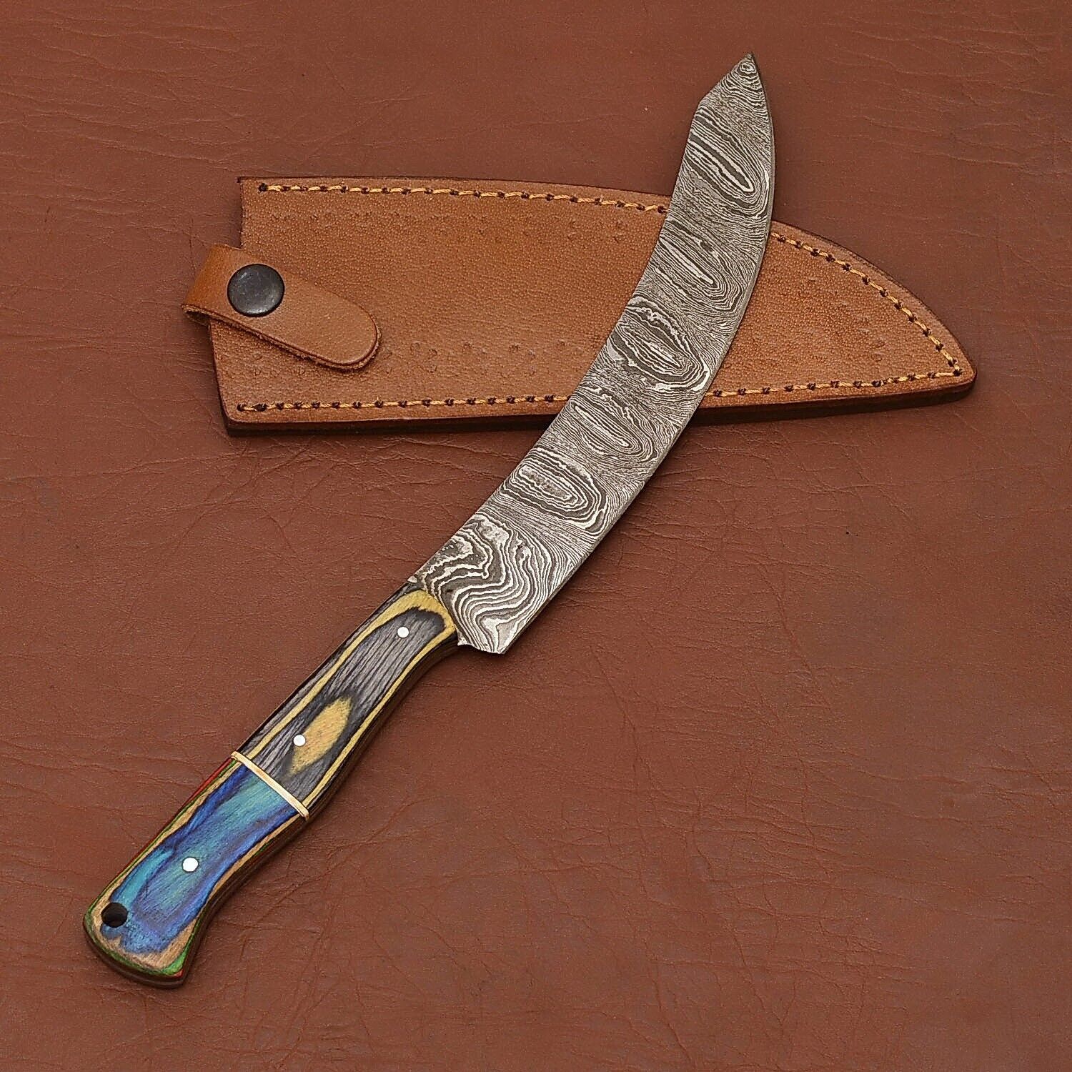 Premium Handmade Damascus Fillet Knife  Wooden Handle With Leather Cover 3