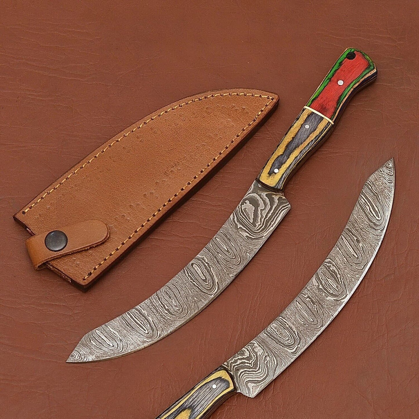 Premium Handmade Damascus Fillet Knife – Wooden Handle with Leather Cover