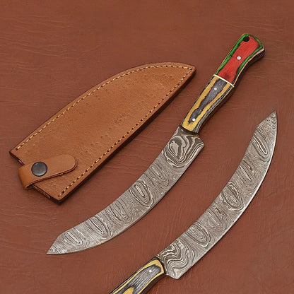 Premium Handmade Damascus Fillet Knife – Wooden Handle with Leather Cover
