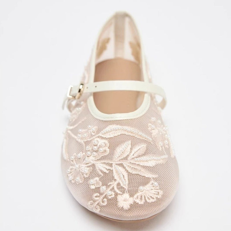 Luxury Embroidery Pearl Mesh Ballet Flats For Women Fashion Hollow Round Toe Flat Sandals Elegant C 4