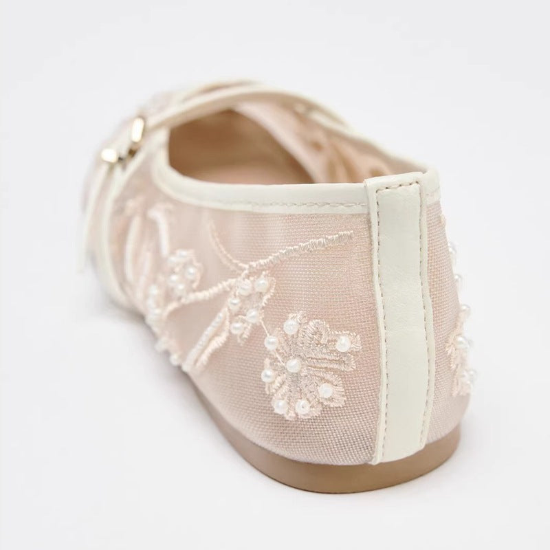 Luxury Embroidery Pearl Mesh Ballet Flats For Women Fashion Hollow Round Toe Flat Sandals Elegant C 5