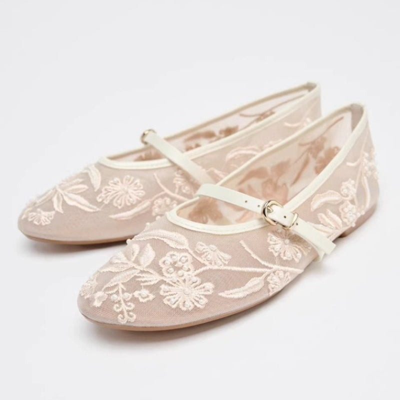 Luxury Embroidery Pearl Mesh Ballet Flats for Women, Fashion Hollow Round Toe Flat Sandals, Elegant Comfortable Belt