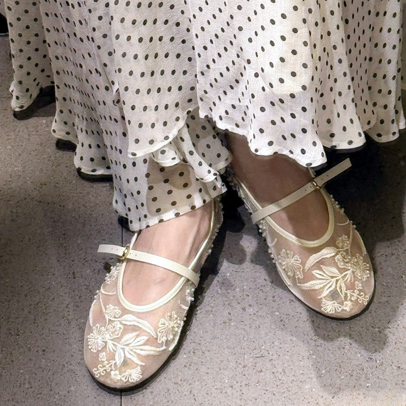 Luxury Embroidery Pearl Mesh Ballet Flats For Women Fashion Hollow Round Toe Flat Sandals Elegant C 2