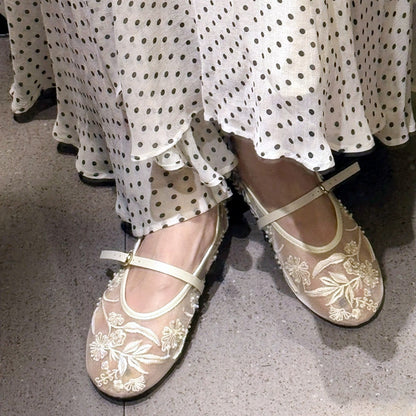 Luxury Embroidery Pearl Mesh Ballet Flats For Women Fashion Hollow Round Toe Flat Sandals Elegant C 2