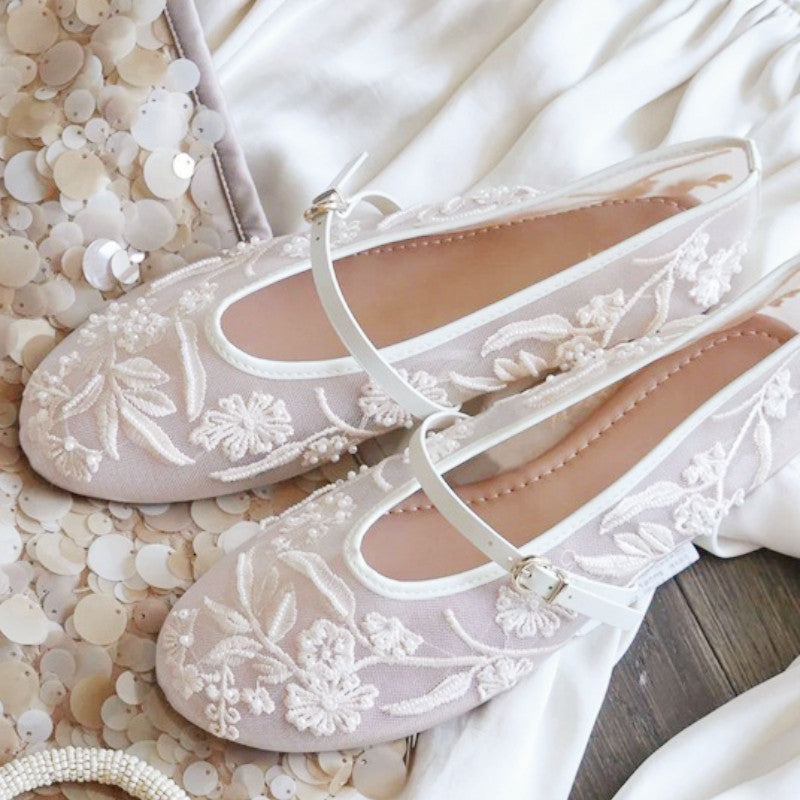Luxury Embroidery Pearl Mesh Ballet Flats For Women Fashion Hollow Round Toe Flat Sandals Elegant C 1