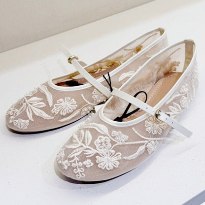 Luxury Embroidery Pearl Mesh Ballet Flats For Women Fashion Hollow Round Toe Flat Sandals Elegant C 3