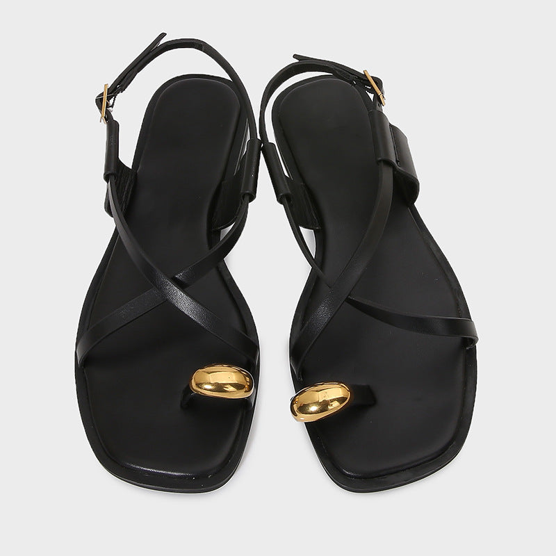 Womens Metal Buckle Gladiator Flat Sandals Luxury Designer Over Toe Ankle Strap Summer Beach Slippe 4