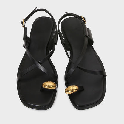 Womens Metal Buckle Gladiator Flat Sandals Luxury Designer Over Toe Ankle Strap Summer Beach Slippe 4