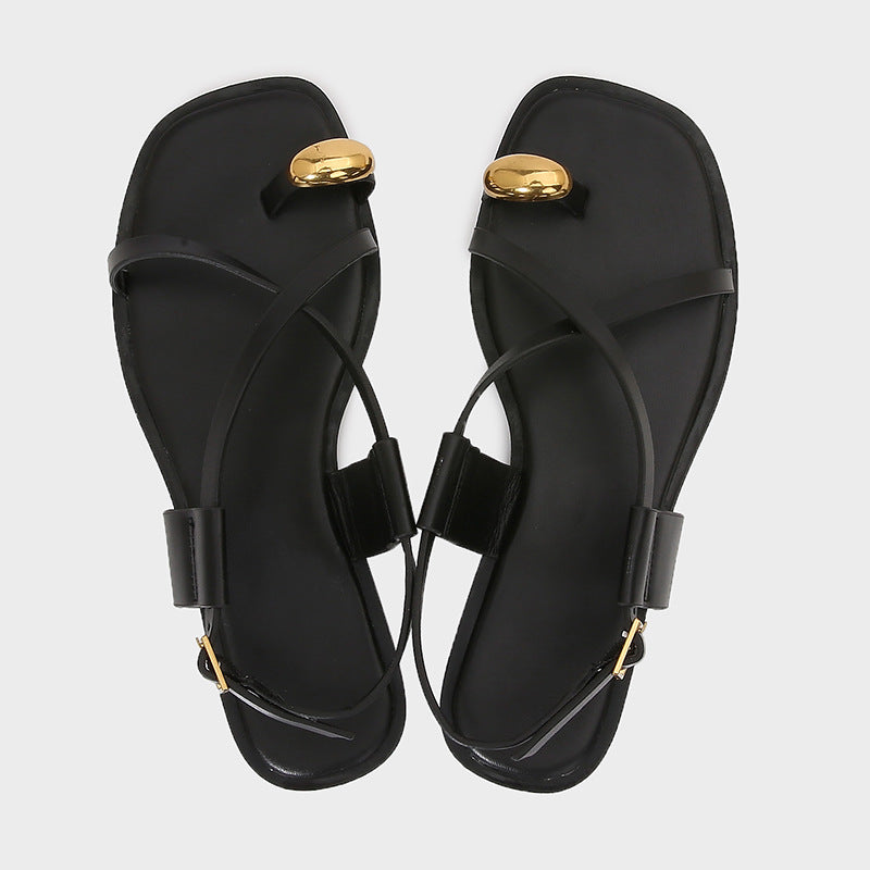 Womens Metal Buckle Gladiator Flat Sandals Luxury Designer Over Toe Ankle Strap Summer Beach Slippe 6