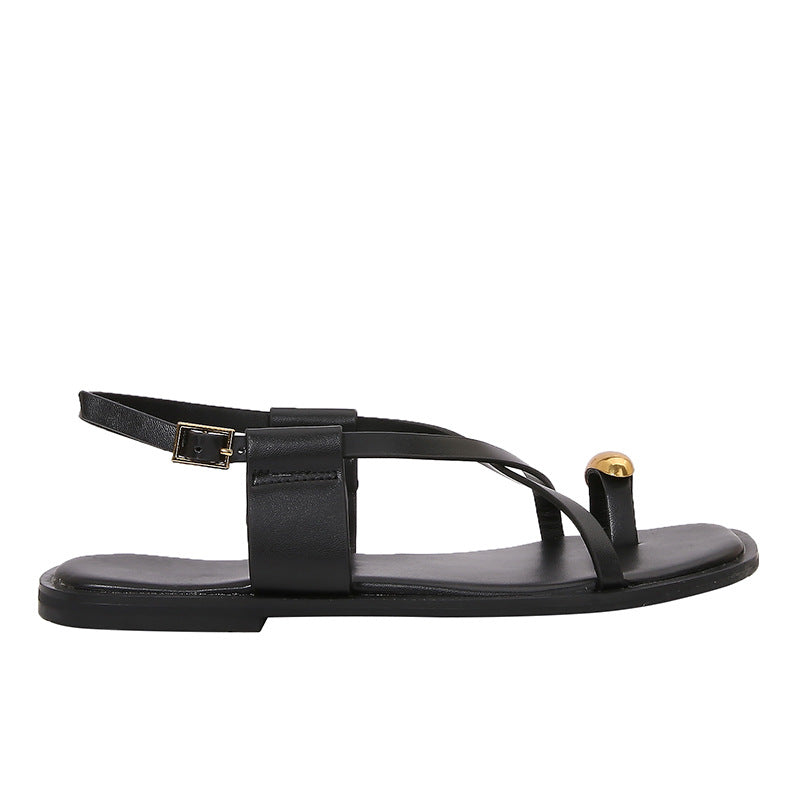 Womens Metal Buckle Gladiator Flat Sandals Luxury Designer Over Toe Ankle Strap Summer Beach Slippe 2