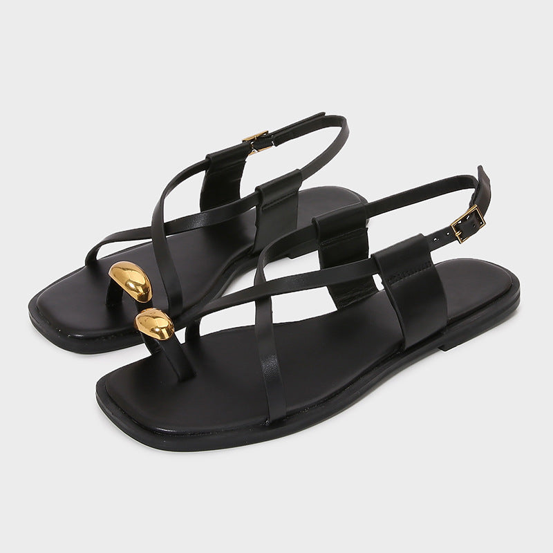 Womens Metal Buckle Gladiator Flat Sandals Luxury Designer Over Toe Ankle Strap Summer Beach Slippe 7