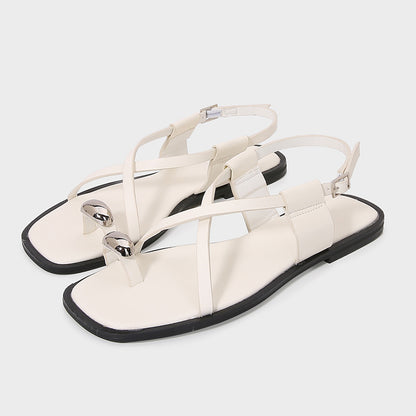 Womens Metal Buckle Gladiator Flat Sandals, Luxury Designer Over Toe Ankle Strap Summer Beach Slippers for Everyday Wear