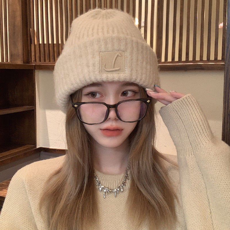 Coarse Knit Hat, Letter L Solid Color Skullcap, Winter Warm Earmuffs Cap for Women and Girls Ski Bonnet