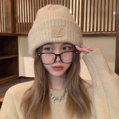 Coarse Knit Hat, Letter L Solid Color Skullcap, Winter Warm Earmuffs Cap for Women and Girls Ski Bonnet
