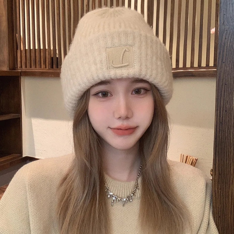 Coarse Knit Hat, Letter L Solid Color Skullcap, Winter Warm Earmuffs Cap for Women and Girls Ski Bonnet