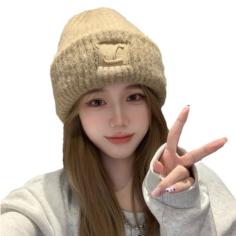Coarse Knit Hat, Letter L Solid Color Skullcap, Winter Warm Earmuffs Cap for Women and Girls Ski Bonnet