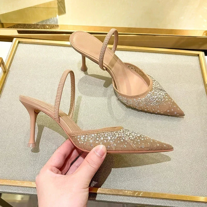 Womens Luxury Designer Rhinestone Mesh Heeled Sandals Sexy Pointed Toe Slingbacks Thin High Heels A 1