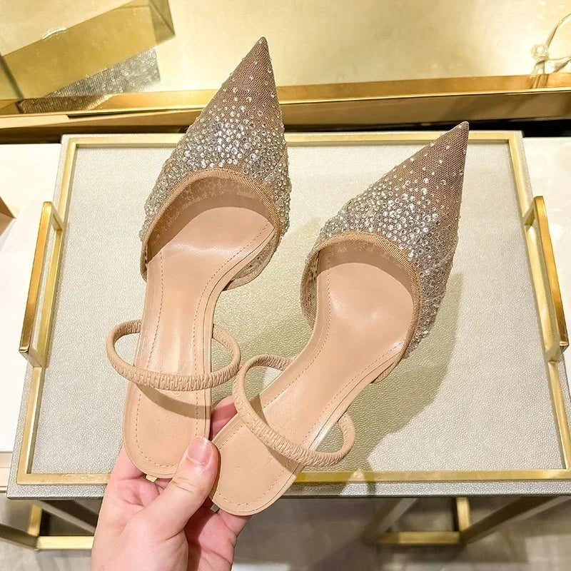 Womens Luxury Designer Rhinestone Mesh Heeled Sandals Sexy Pointed Toe Slingbacks Thin High Heels A 2