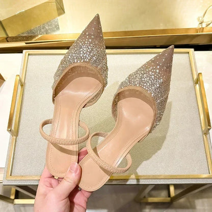 Womens Luxury Designer Rhinestone Mesh Heeled Sandals Sexy Pointed Toe Slingbacks Thin High Heels A 2