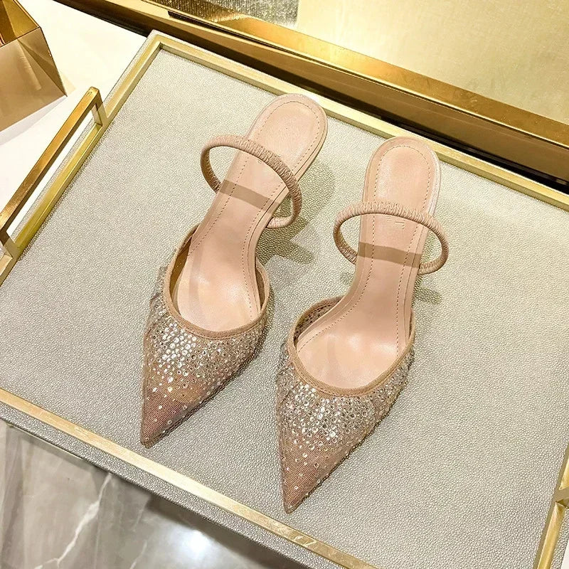 Womens Luxury Designer Rhinestone Mesh Heeled Sandals Sexy Pointed Toe Slingbacks Thin High Heels A 3