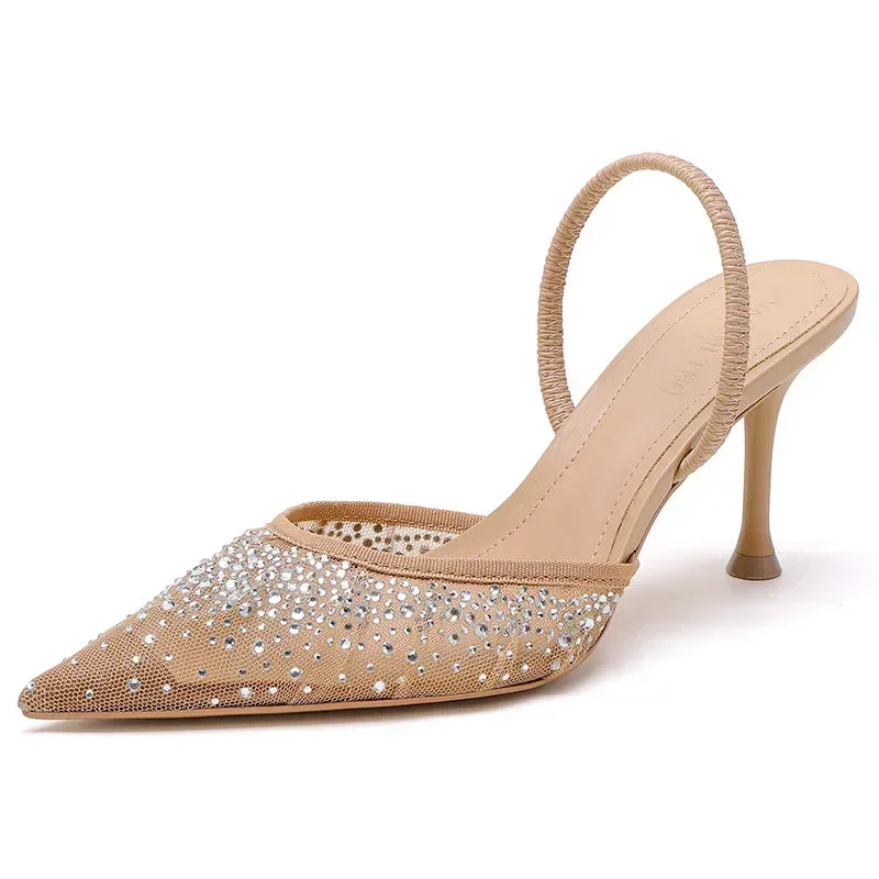 Womens Luxury Designer Rhinestone Mesh Heeled Sandals Sexy Pointed Toe Slingbacks Thin High Heels A 5