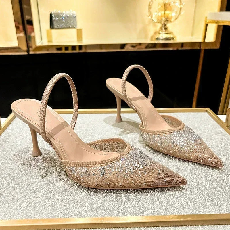 Womens Luxury Designer Rhinestone Mesh Heeled Sandals Sexy Pointed Toe Slingbacks Thin High Heels A 4