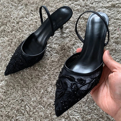 Summer Elegant Black Mesh Embroidery Women Pumps, Sexy Pointed Toe String Bead Designer High Heels for Party and Evening