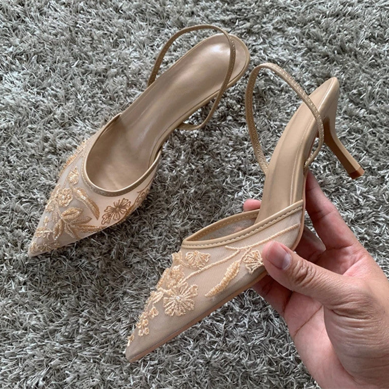 Summer Elegant Black Mesh Embroidery Women Pumps Sexy Pointed Toe String Bead Designer High Heels F 2