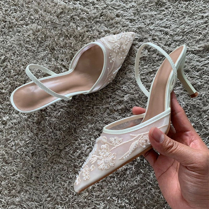 Summer Elegant Black Mesh Embroidery Women Pumps Sexy Pointed Toe String Bead Designer High Heels F 1
