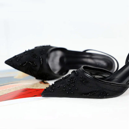 Summer Elegant Black Mesh Embroidery Women Pumps Sexy Pointed Toe String Bead Designer High Heels F 4