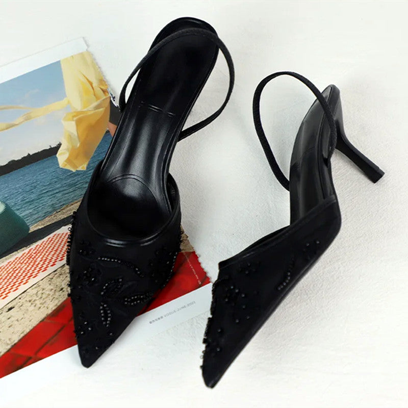 Summer Elegant Black Mesh Embroidery Women Pumps Sexy Pointed Toe String Bead Designer High Heels F 8