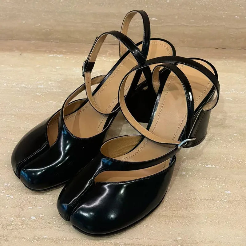 Elegant Designer Split Toe Patent Leather Chunk Heeled Sandals, Womens Fashion Buckle Pumps & Mary Jane High Heels
