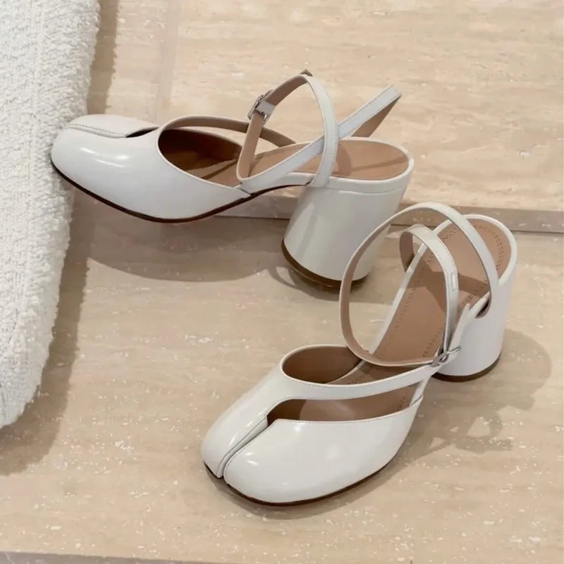 Elegant Designer Split Toe Patent Leather Chunk Heeled Sandals Womens Fashion Buckle Pumps  Mary Ja 5