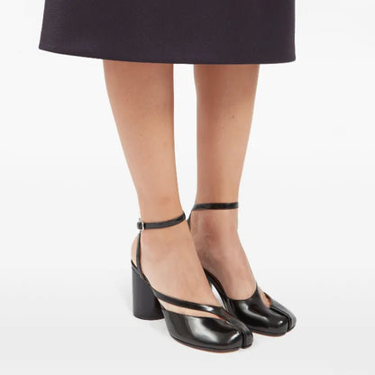 Elegant Designer Split Toe Patent Leather Chunk Heeled Sandals Womens Fashion Buckle Pumps  Mary Ja 3
