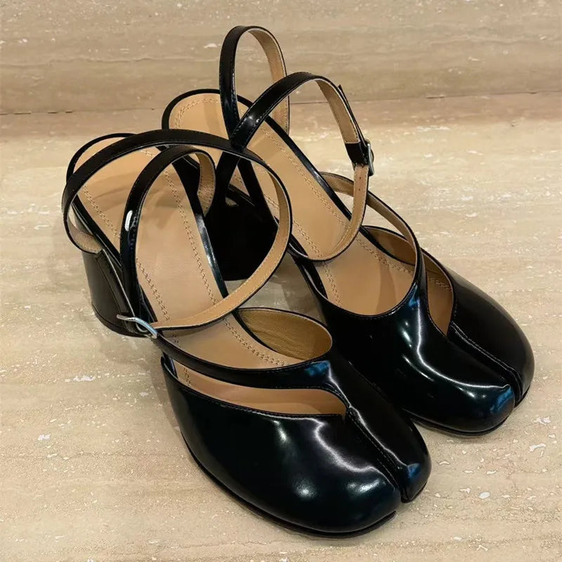 Elegant Designer Split Toe Patent Leather Chunk Heeled Sandals Womens Fashion Buckle Pumps  Mary Ja 6