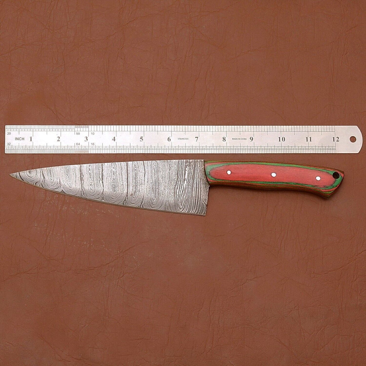Custom Handmade Damascus Steel Chef Kitchen Knife With Wooden Handle  Leather Sheath  12 Full Tang  1