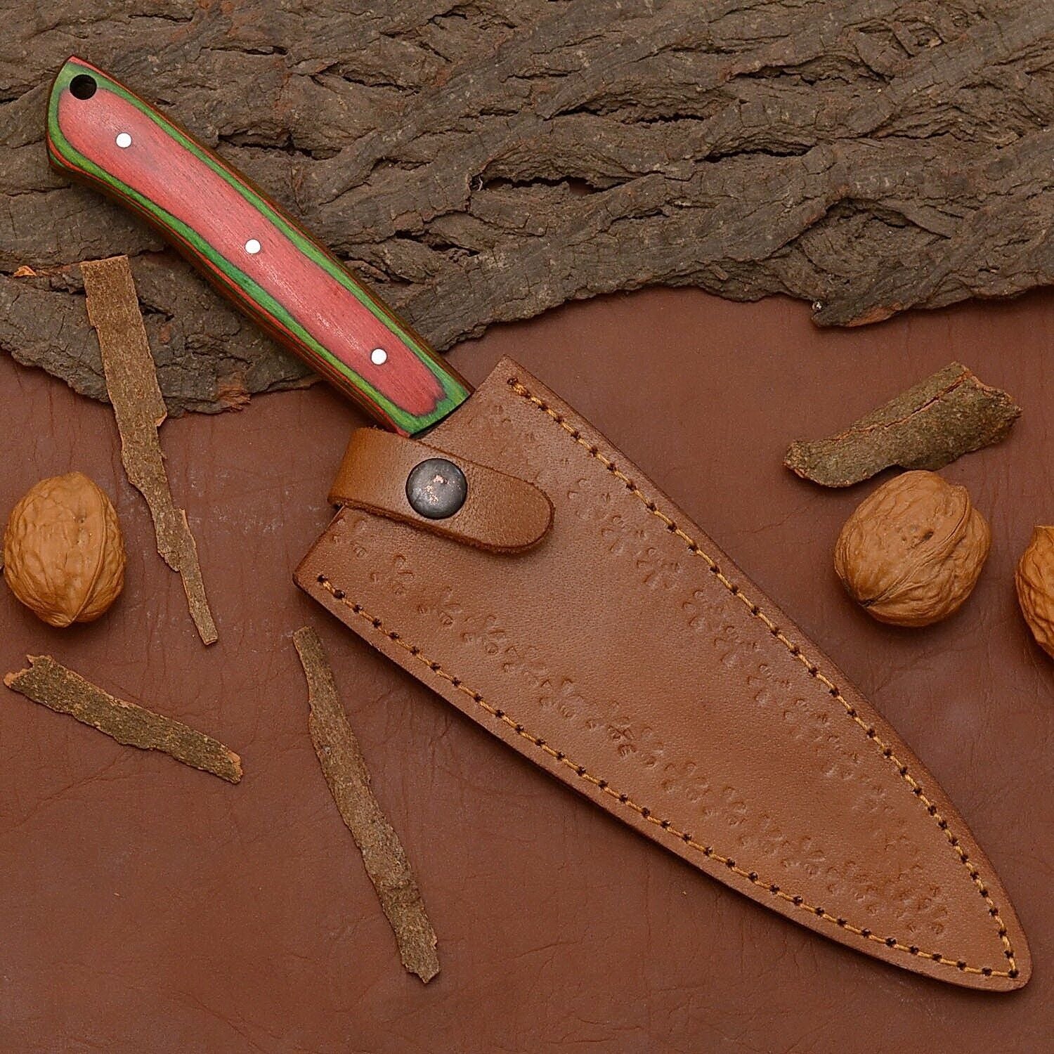 Custom Handmade Damascus Steel Chef Kitchen Knife With Wooden Handle  Leather Sheath  12 Full Tang  3