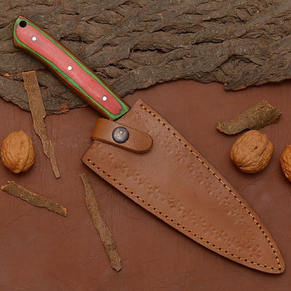 Custom Handmade Damascus Steel Chef Kitchen Knife With Wooden Handle  Leather Sheath  12 Full Tang  3
