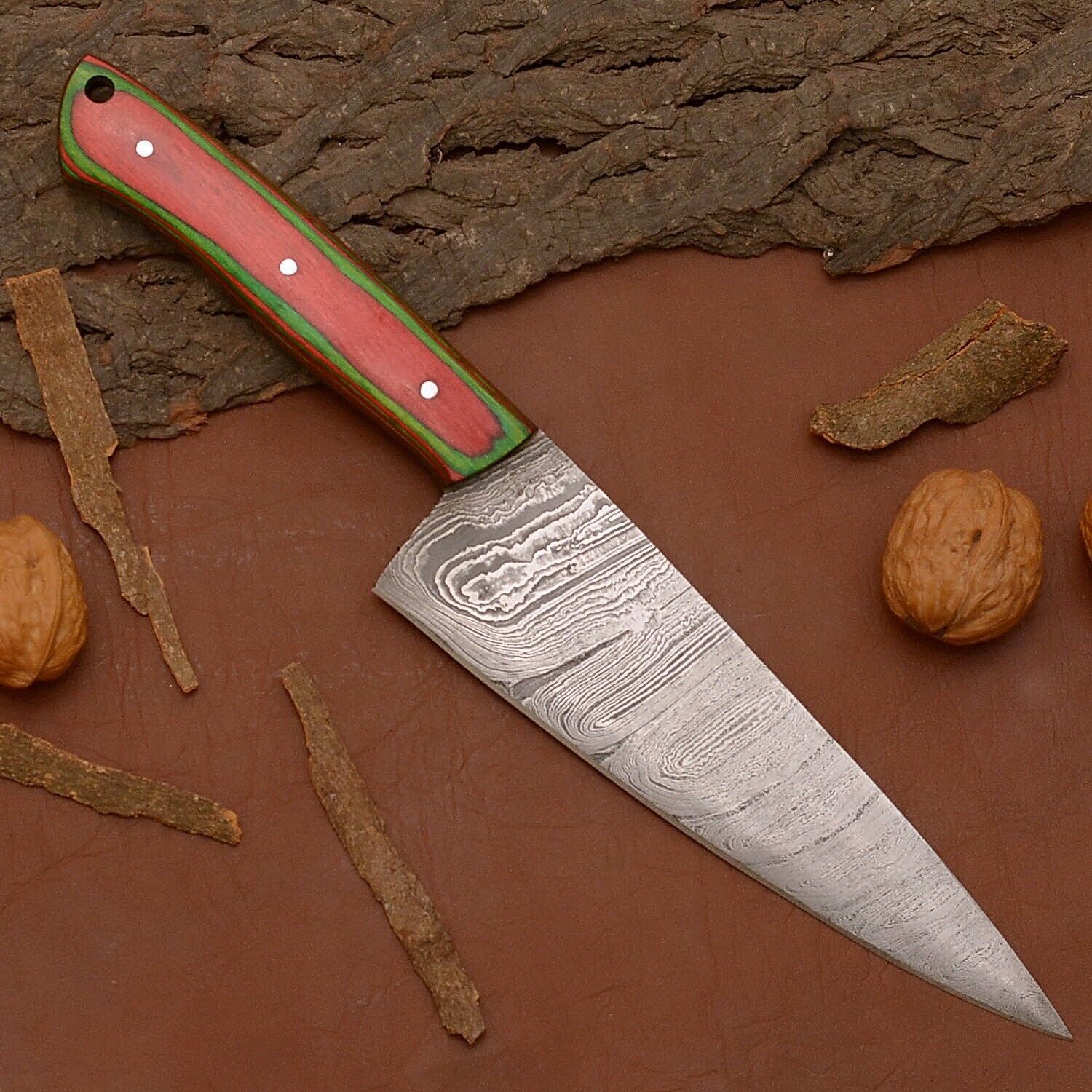 Custom Handmade Damascus Steel Chef Kitchen Knife With Wooden Handle  Leather Sheath  12 Full Tang  2