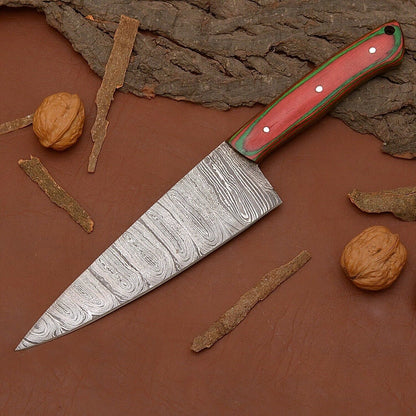 Custom Handmade Damascus Steel Chef Kitchen Knife with Wooden Handle & Leather Sheath – 12" Full Tang Blade
