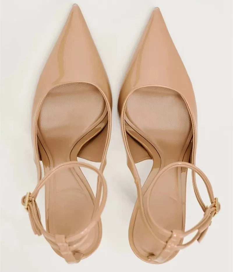 Sexy Nude Patent Leather Ankle Strap Buckle Women Pumps Pointed Toe Stiletto Heels Sandal For Party 5