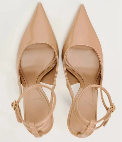 Sexy Nude Patent Leather Ankle Strap Buckle Women Pumps Pointed Toe Stiletto Heels Sandal For Party 5