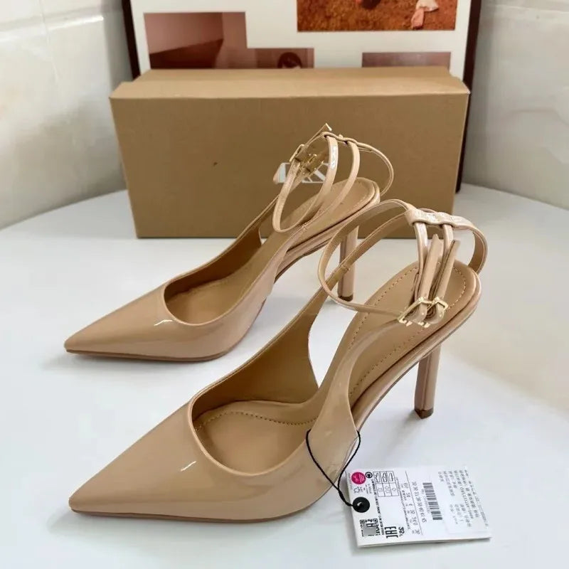Sexy Nude Patent Leather Ankle Strap Buckle Women Pumps Pointed Toe Stiletto Heels Sandal For Party 1