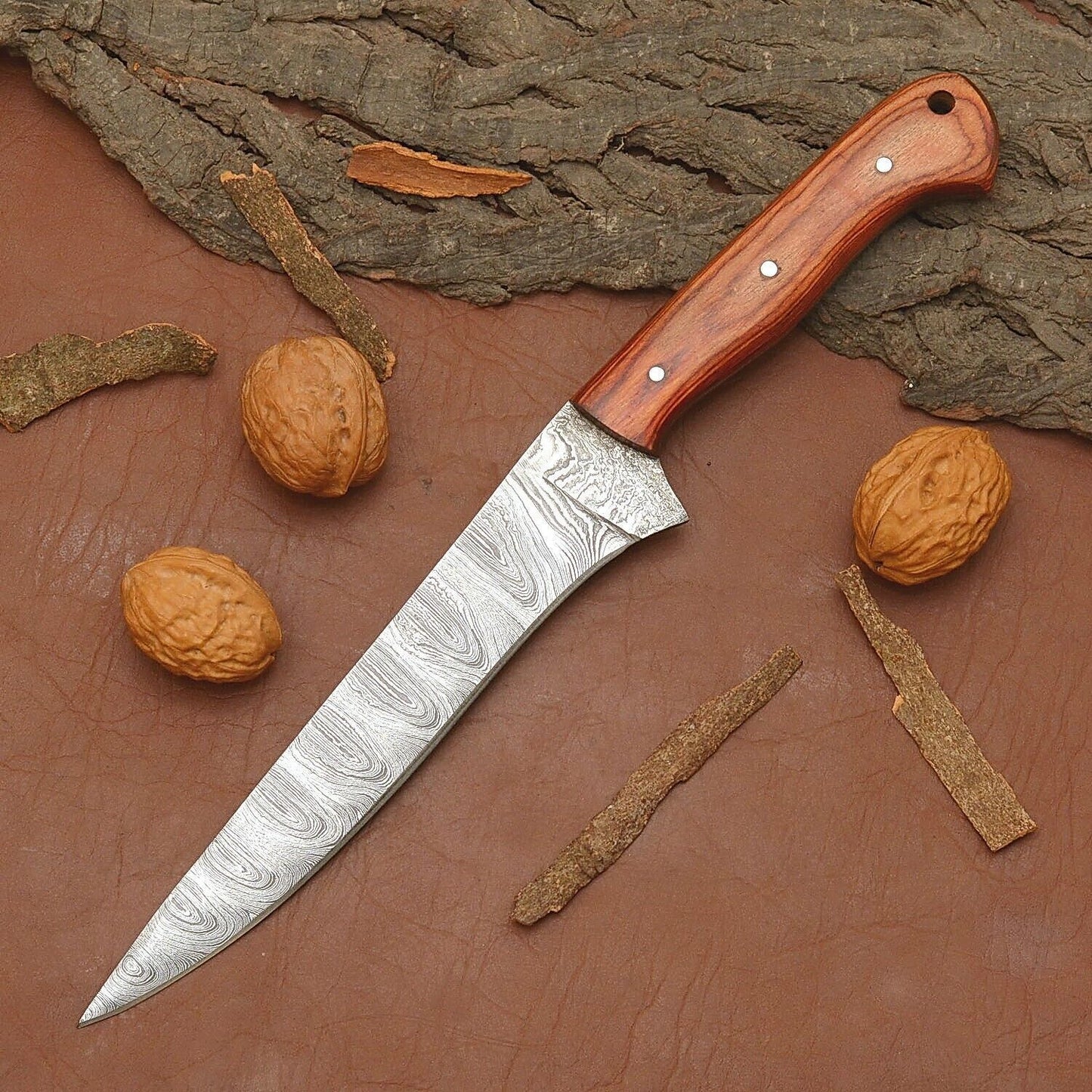 Custom Forged Damascus Steel Kitchen Knife – Full Tang Wooden Handle Chef Blade