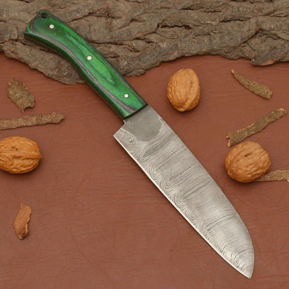Professional Handmade Damascus Chef Knife – Sharp 7 Inch Blade with Leather Sheath
