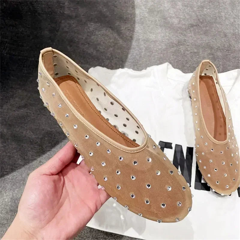 Womens Luxury Glitter Rhinestone Mesh Flats Designer Summer Mules Fashion Loafers  Elegant Breathab 3